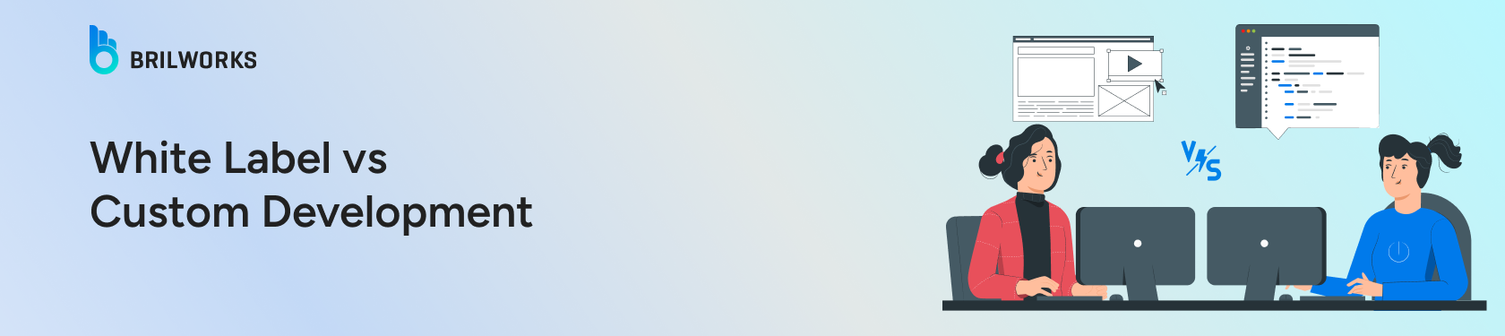 Illustration comparing white label vs custom development, featuring two people at computers with design and code elements in the background.