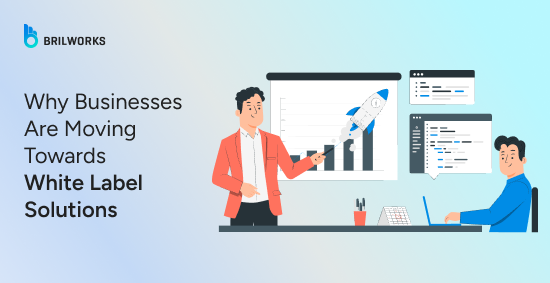 Illustration of two people discussing charts and graphs on a screen. Text: "Why Businesses Are Moving Towards White Label Solutions."