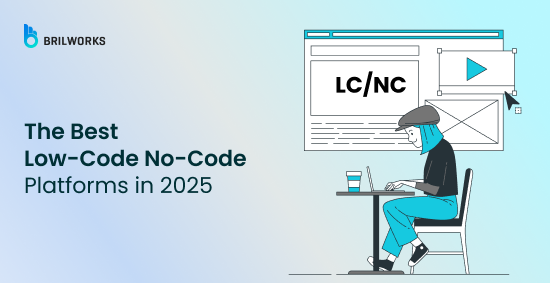 Banner with text "The Best Low-Code No-Code Platforms in 2025" and an illustration of a person working on a computer.