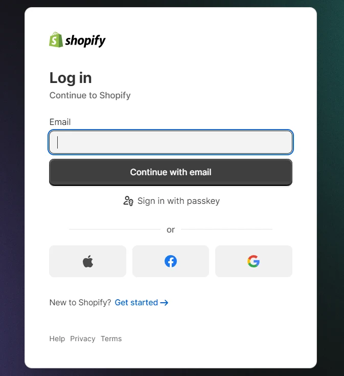 Shopify Login Screen