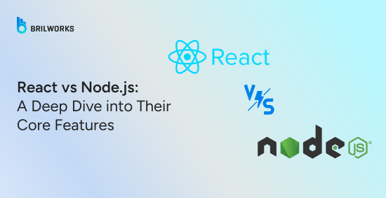 Banner titled "React vs Node.js: A Deep Dive into Their Core Features" with logos of React and Node.js on a gradient background.