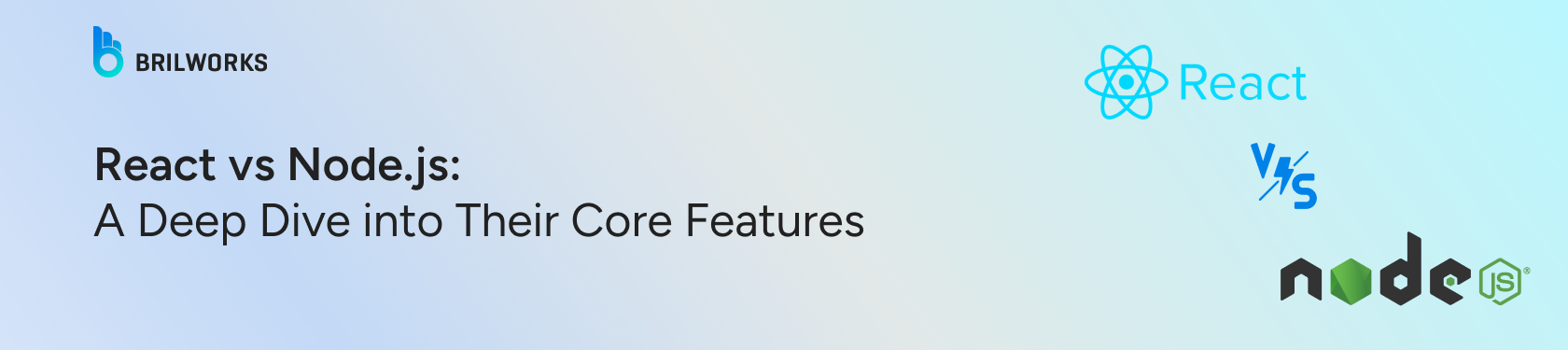 Banner titled "React vs Node.js: A Deep Dive into Their Core Features" with logos of React and Node.js on a gradient background.